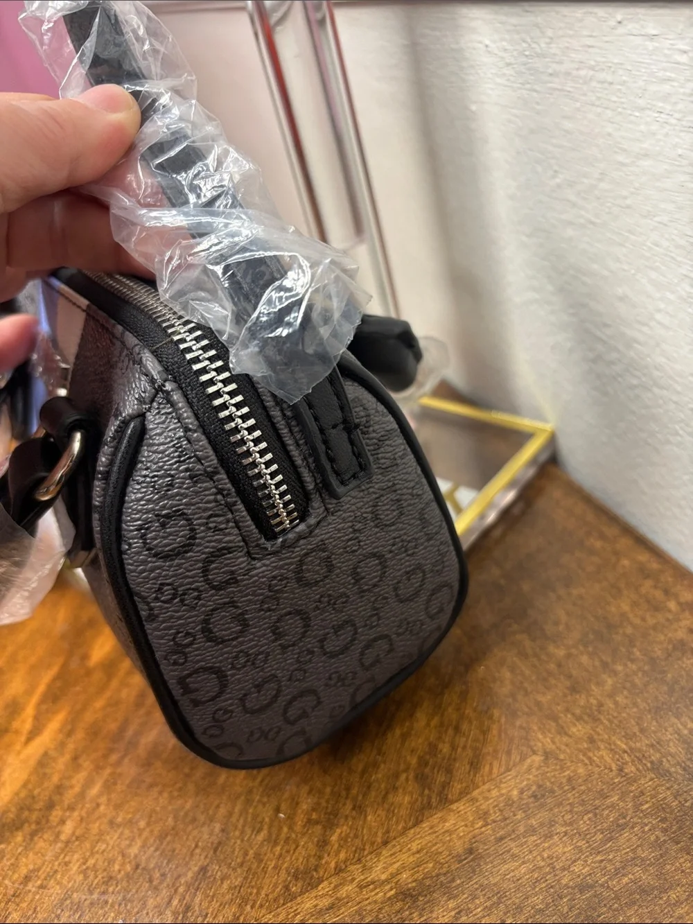 Guess Black Mini Satchel with Blue and White Center Stripe and crossbody strap - Picture 15 of 16